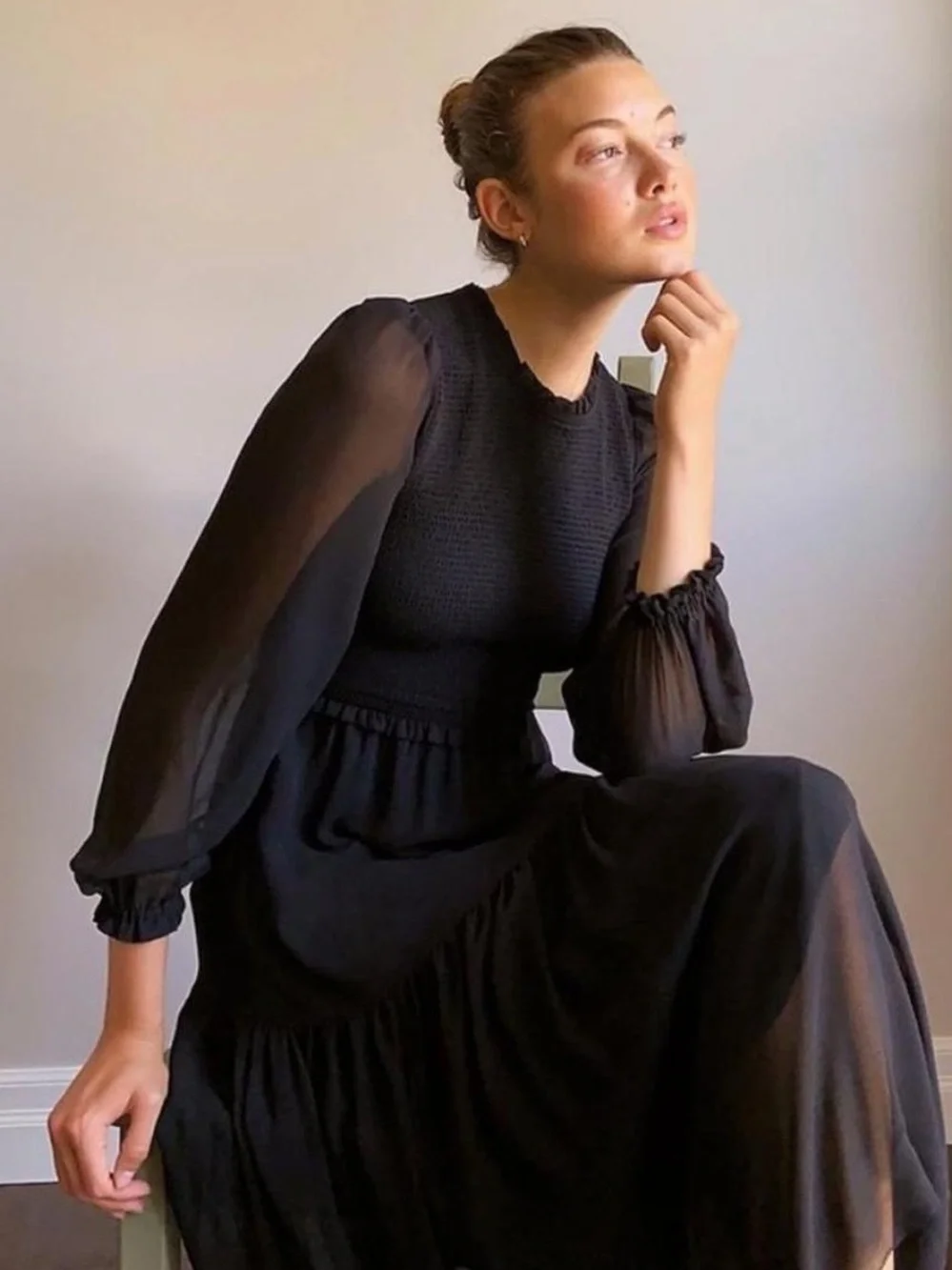 Black Long Sleeve Midi Dress